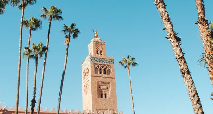 Un minaret de grès élancé encadré par de fins palmiers sous un ciel bleu clair.