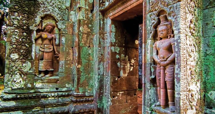 Ancient stone carvings on a temple wall
