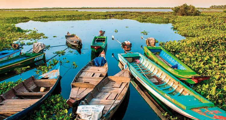 Colorful boats on a calm water body.
