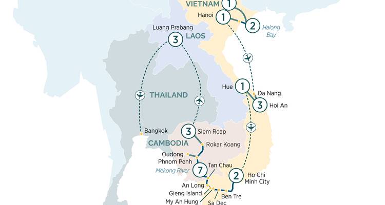 Carte de l'itinéraire de voyage en Asie du Sud-Est mettant en évidence des pays comme le Vietnam, le Cambodge, le Laos et la Thaïlande avec les principales villes marquées.