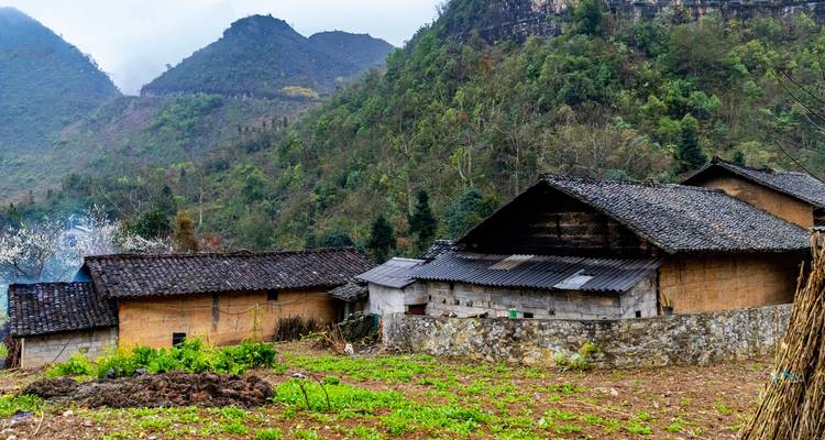 Casas tradicionales de madera y barro sobre un fondo montañoso.