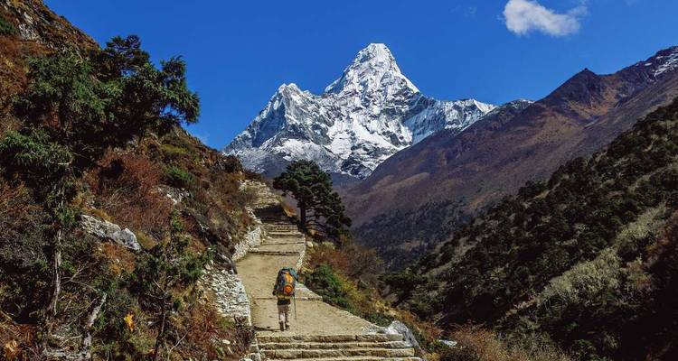Persoon die wandelt op een pad met een besneeuwde berg in zicht.