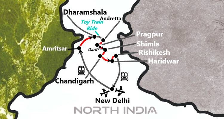 Carte illustrée des villes et attractions du nord de l'Inde.