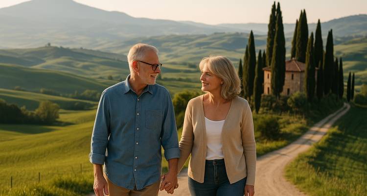 Elderly couple walking hand in hand through scenic countryside with cypress trees.