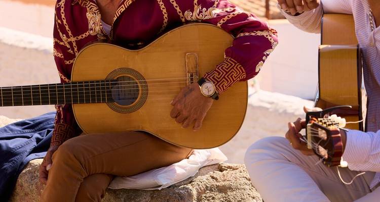 Gros plan sur les mains et les instruments de deux guitaristes de flamenco dans la chaude lumière andalouse.