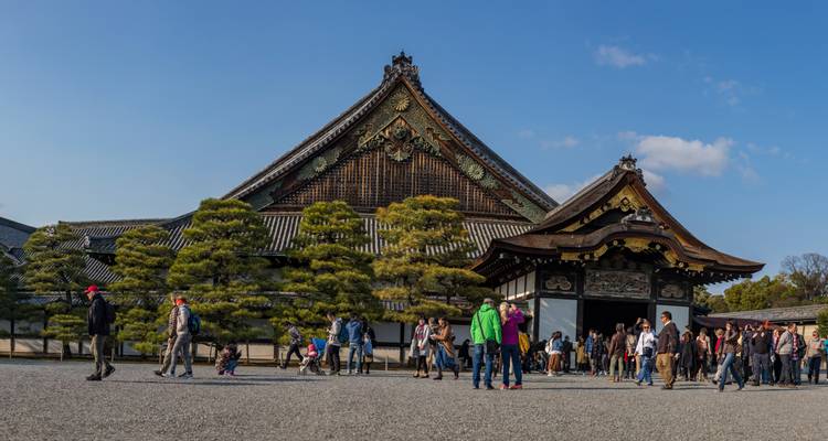 Las multitudes se reúnen frente a una ornamentada puerta de palacio de madera y pinos bien cuidados en un castillo histórico de Kioto
