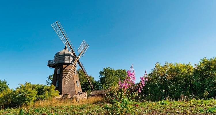 Windmill on a grassy field with blue sky.