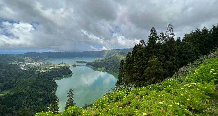 Un paysage à couper le souffle d'un lac volcanique entouré de forêt.