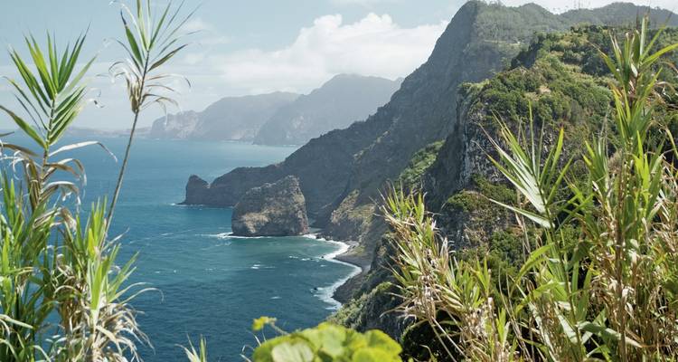 Dramatische kliffen en weelderig groene hellingen ontmoeten de turquoise Atlantische wateren langs Madeira's ruige kustlijn.