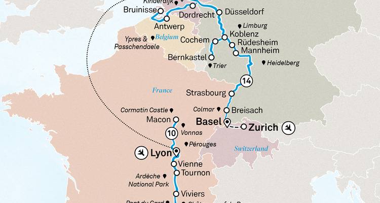 Mapa que muestra una ruta de viaje por Europa con varias ciudades marcadas.