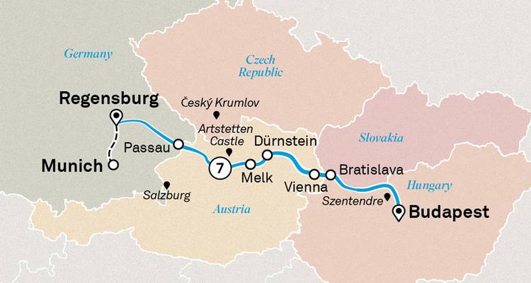 Mapa codificado por colores que traza un crucero por el Danubio desde Múnich y Ratisbona hasta Budapest vía Viena y Bratislava.