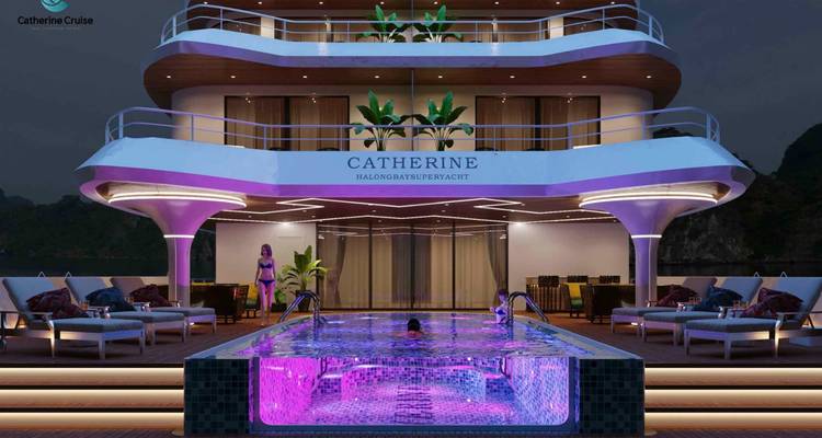 Zone piscine d'un paquebot de croisière luxueux avec éclairage néon.