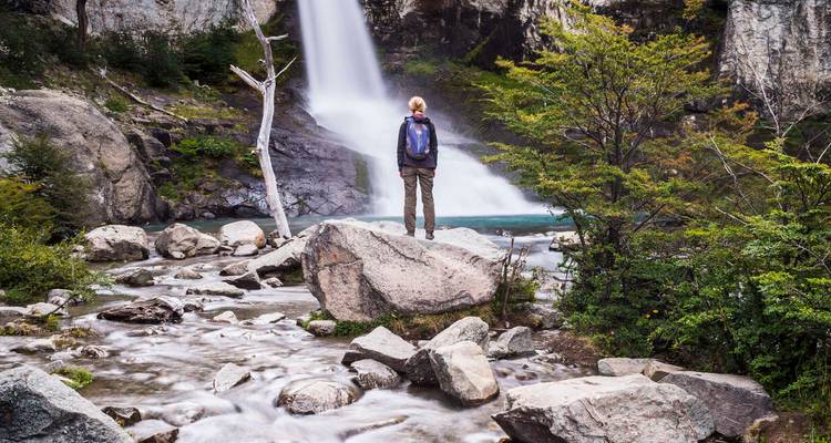 Person standing in front of a waterfall in the forest.