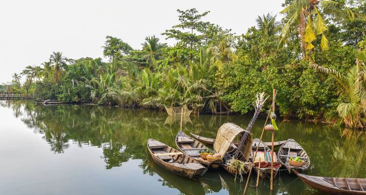 Traditionelle Boote auf ruhigem Wasser, umgeben von üppigem Grün.