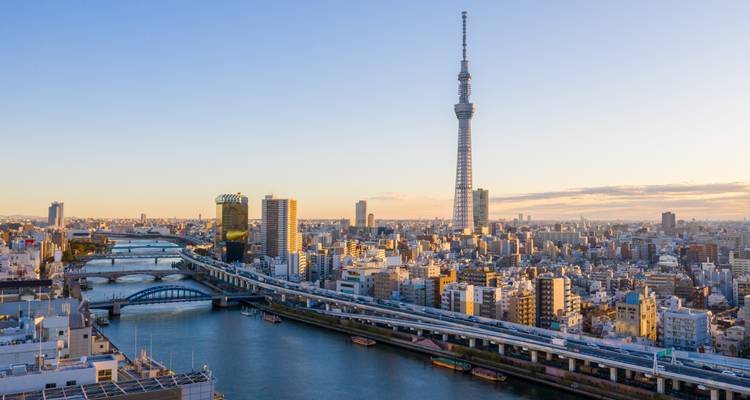 Skyline-Blick auf Tokio mit dem Skytree und dem Sumida-Fluss bei Sonnenuntergang.