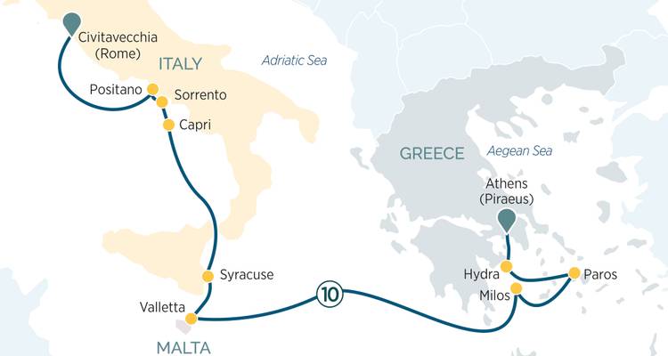 Routekaart die een cruise volgt van Rome naar de Griekse eilanden via Malta and Sicilië.