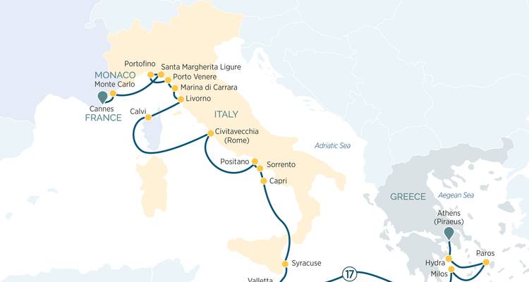 Mediterranean cruise map highlighting Italian, French, Maltese and Greek ports including Monte Carlo and Athens.