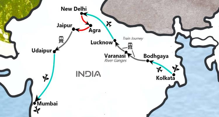 Illustrative map showing a travel itinerary across multiple cities in India.