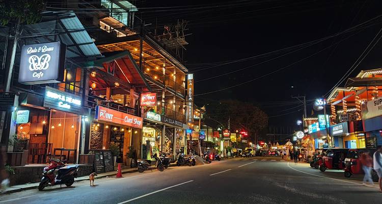 A bustling street at night with illuminated signs and buildings along the road.