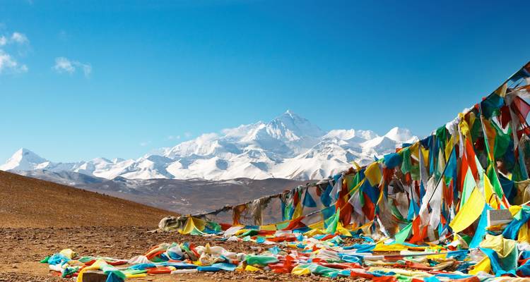 Des drapeaux de prières colorés flottent sur une crête de montagne avec un panorama enneigé de l'Himalaya au-delà.