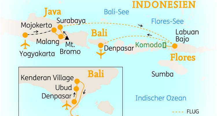 Map of Indonesia showing travel routes and locations.