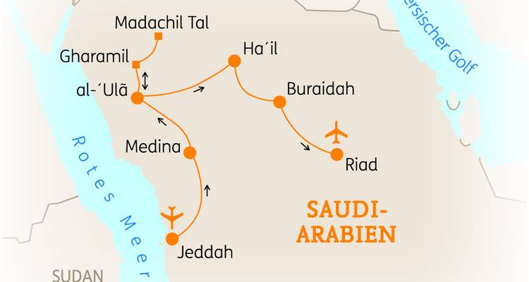 Vereinfachte deutsche Sprachkarte der Flugrouten Saudi-Arabiens mit Hervorhebung der wichtigsten Städte und Flugstrecken.