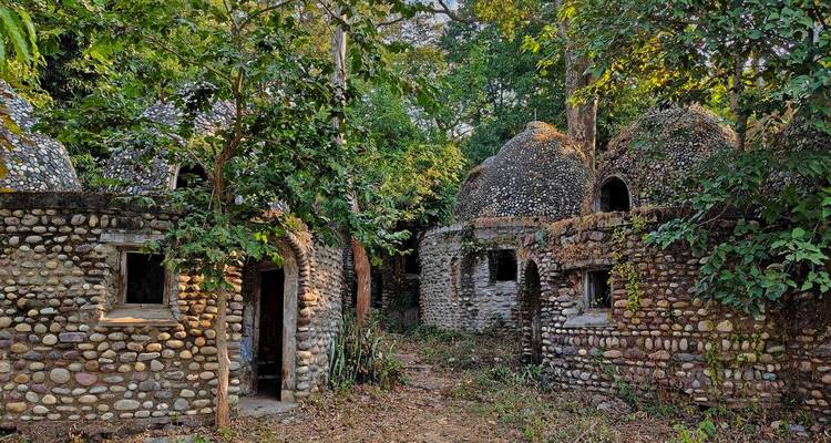 Structures abandonnées dans une forêt avec de la pierre et du feuillage.