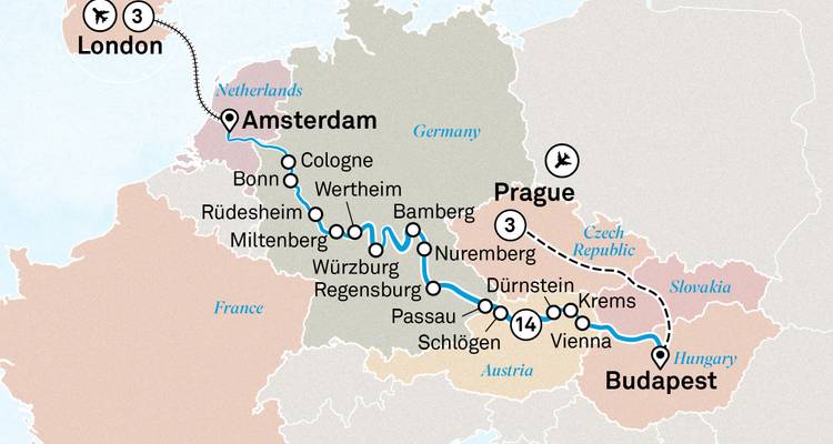 Carte montrant un itinéraire de voyage à travers plusieurs villes européennes.