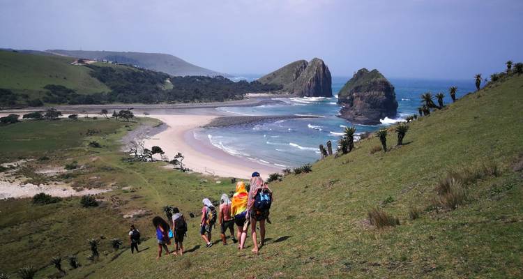 Een groep wandelaars daalt af over een grasrijke helling naar een dramatische kustlijn met dubbele zeestapels en een uitgestrekte zandige baai.