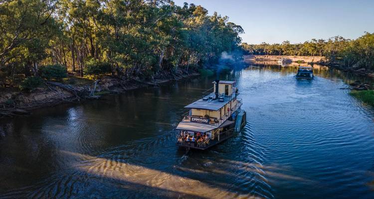 El histórico barco de vapor avanza lentamente por un río rodeado de árboles dejando ondas a su paso