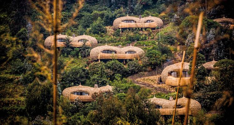 Einzigartige strohdachgedeckte Unterkünfte inmitten einer üppigen, grünen Landschaft.