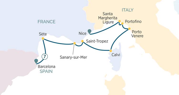 Carte d'itinéraire de croisière simplifiée montrant l'itinéraire de voyage entre Barcelone, la France et l'Italie.
