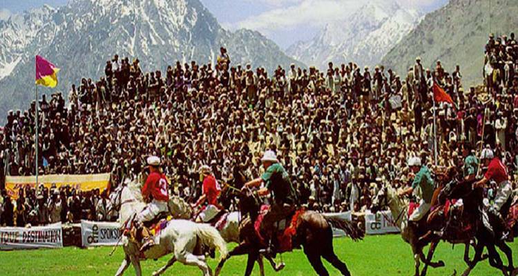 Match de polo intense en cours avec des chevaux au galop et une foule dense sur la colline encadrée par de hautes montagnes.