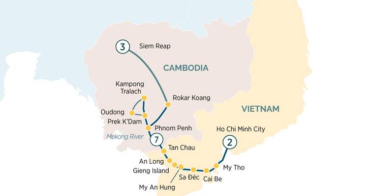 Karte der Reiseroute, die Teile von Kambodscha und Vietnam abdeckt.
