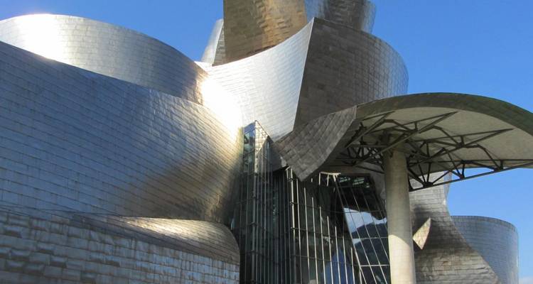 Close-up van de glinsterende titanium rondingen van het Guggenheim Museum die glanzen in het felle zonlicht
