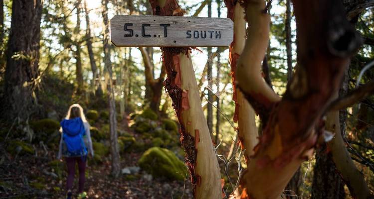 Señal de sendero de madera marcada "S.C.T South" en un bosque musgoso con un senderista solitario de fondo.