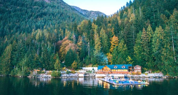 Cabaña remota a orillas del agua rodeada de denso bosque de pinos reflejado en aguas tranquilas.