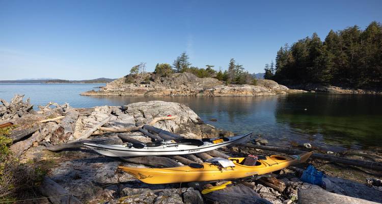 Dos kayaks descansan sobre rocas llenas de madera a la deriva junto a una pequeña y cristalina ensenada costera.