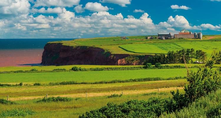 Paysage côtier avec des falaises rouges, de l'herbe verte, et un bâtiment près du bord.
