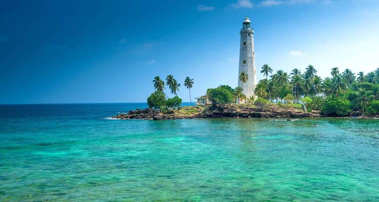Phare blanc entouré de palmiers et d'eaux claires au Sri Lanka.