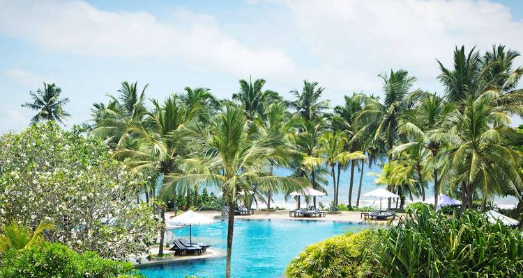 Piscine de complexe de luxe avec palmiers sous un ciel bleu dégagé.