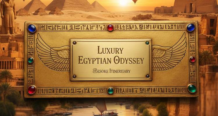 Graphique promotionnel indiquant « Odyssée égyptienne de luxe » sur des images stylisées de pyramides et de scènes du Nil.