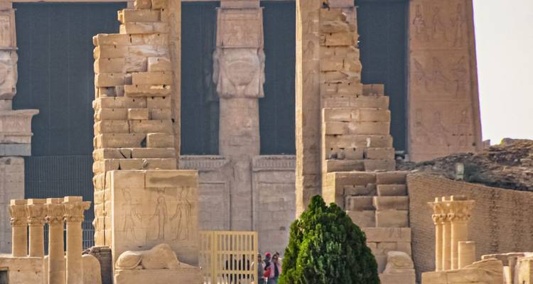 Ruines de temple égyptien antique avec statues et arbres.