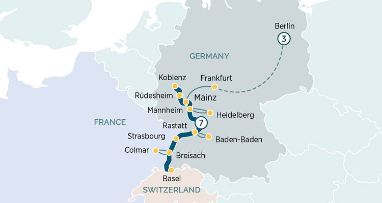 German river cruise loop from Berlin to Basel through Rhine Gorge and Black Forest region.