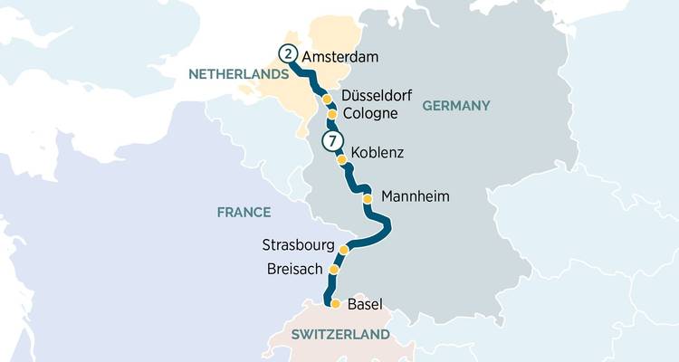 A map depicting a travel route in Europe with a focus on cities like Strasbourg and Amsterdam.