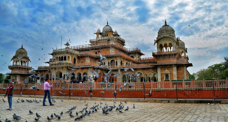 A historic building with multiple domes and pigeons flying around.