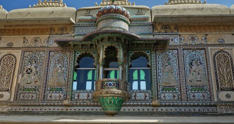 A close-up view of an ornately decorated facade.