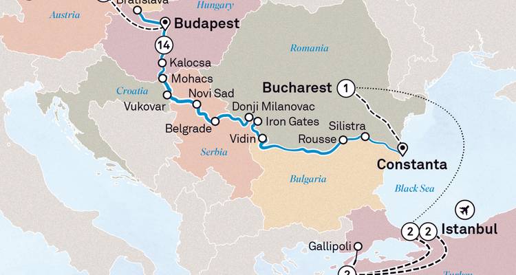 Mapa que muestra una ruta de viaje a través de varias ciudades.