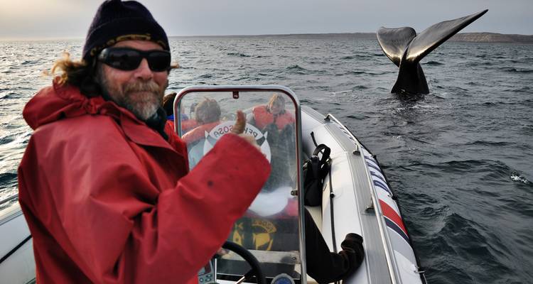 Homme faisant un pouce levé sur un bateau avec une queue de baleine en arrière-plan.