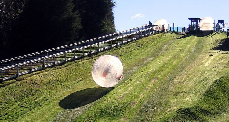Una bola zorb transparente rodando por una colina cubierta de pasto junto a barandas de madera con espectadores en la parte superior.